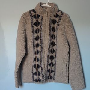 Folk Tan and Black Puffer Jacket with Geometric Design